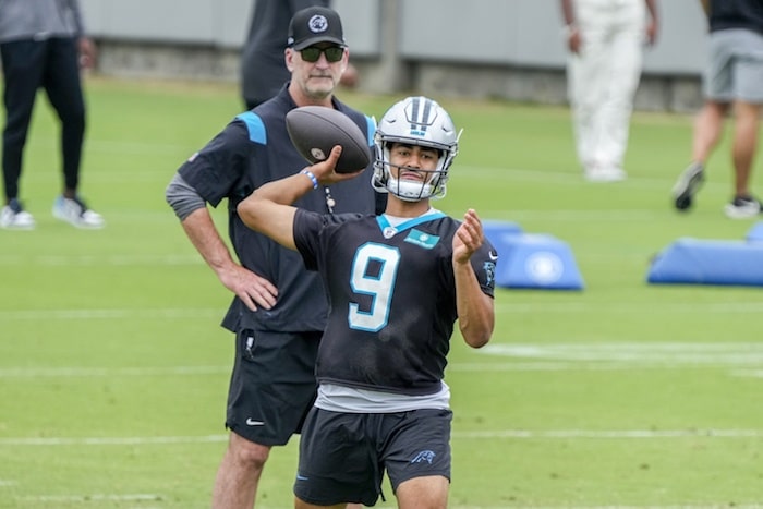 Carolina Panthers head coach Frank Reich watches quarterback Bryce Young