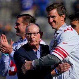New York Giants former head coach Tom Coughlin and quarterback Eli Manning