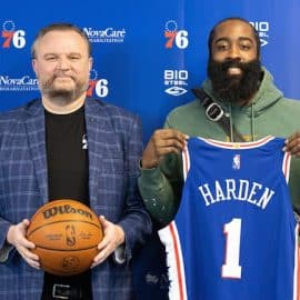 Philadelphia 76ers guard James Harden and president of basketball operations Daryl Morey