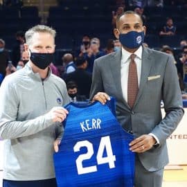 Golden State Warriors head coach Steve Kerr with Grant Hill as he is recognized for being named USA Basketball