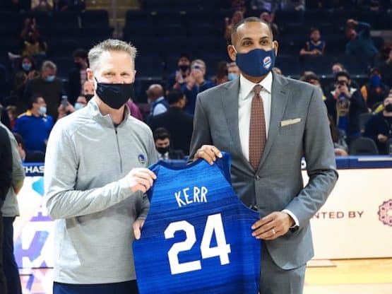 Golden State Warriors head coach Steve Kerr with Grant Hill as he is recognized for being named USA Basketball