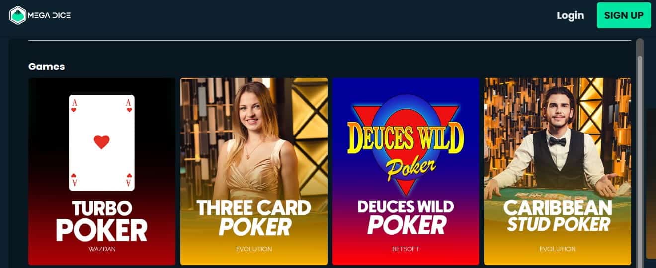 Mega Dice online poker section