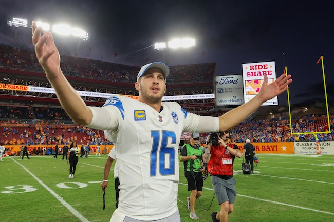 Detroit Lions quarterback Jared Goff (16) celebrates