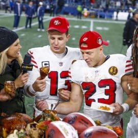 San Francisco 49ers quarterback Brock Purdy (13), running back Christian McCaffrey