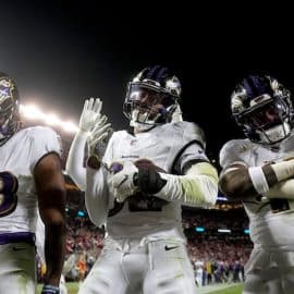 Baltimore Ravens linebacker Del'Shawn Phillips (53), safety Marcus Williams (32), and cornerback Daryl Worley (41)