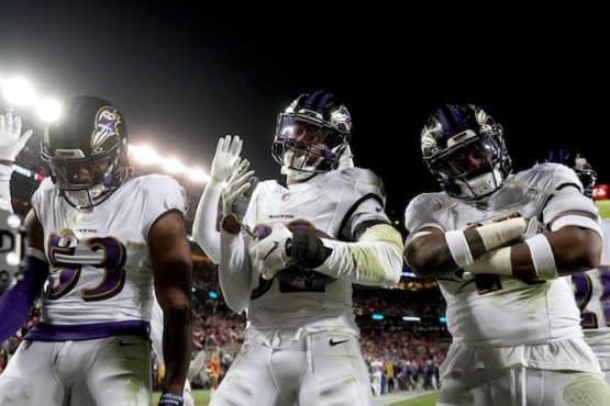 Baltimore Ravens linebacker Del'Shawn Phillips (53), safety Marcus Williams (32), and cornerback Daryl Worley (41)