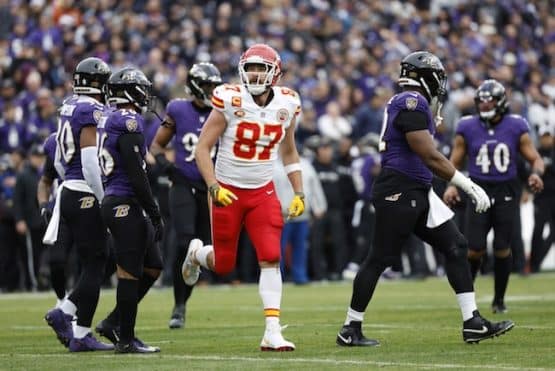 Kansas City Chiefs tight end Travis Kelce (87) celebrates after scoring a touchdown against the Baltimore Ravens