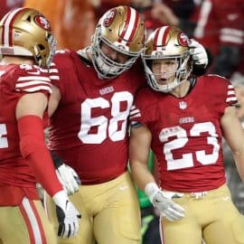 San Francisco 49ers running back Christian McCaffrey (23) celebrates scoring a touchdown in the third quarter with fullback Kyle Juszczyk (44)