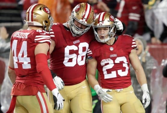 San Francisco 49ers running back Christian McCaffrey (23) celebrates scoring a touchdown in the third quarter with fullback Kyle Juszczyk (44)