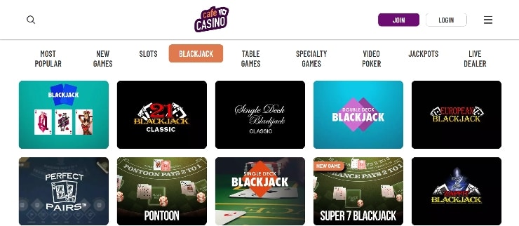 Blackjack at Cafe Casino promo codes