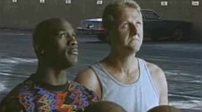 Larry Bird and Michael Jordan in a McDonald's commercial.
