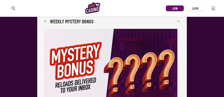 Mystery bonus at Cafe Casino promo codes