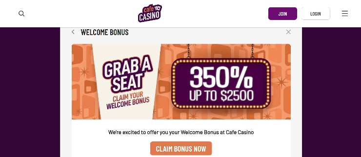 Welcome bonus at Cafe Casino promo codes