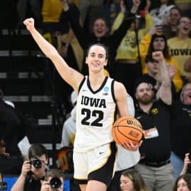 Iowa Hawkeyes guard Caitlin Clark (22) reacts late during the fourth quarter
