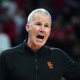 Southern California Trojans head coach Andy Enfield reacts