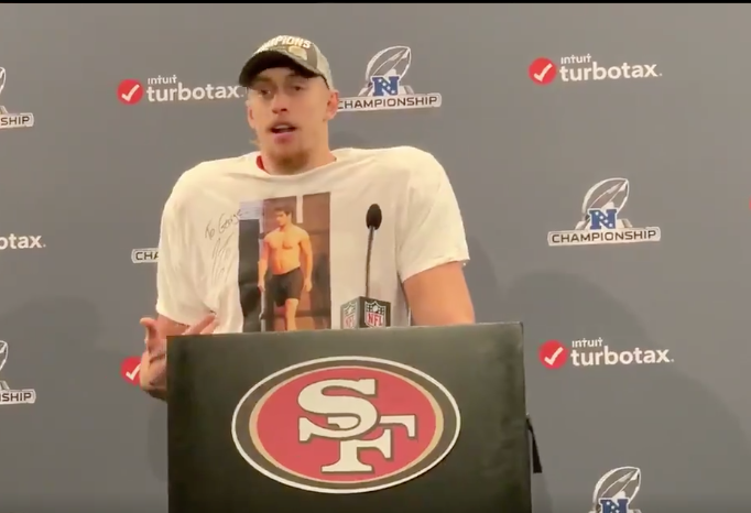 george kittle wearing jimmy g shirt