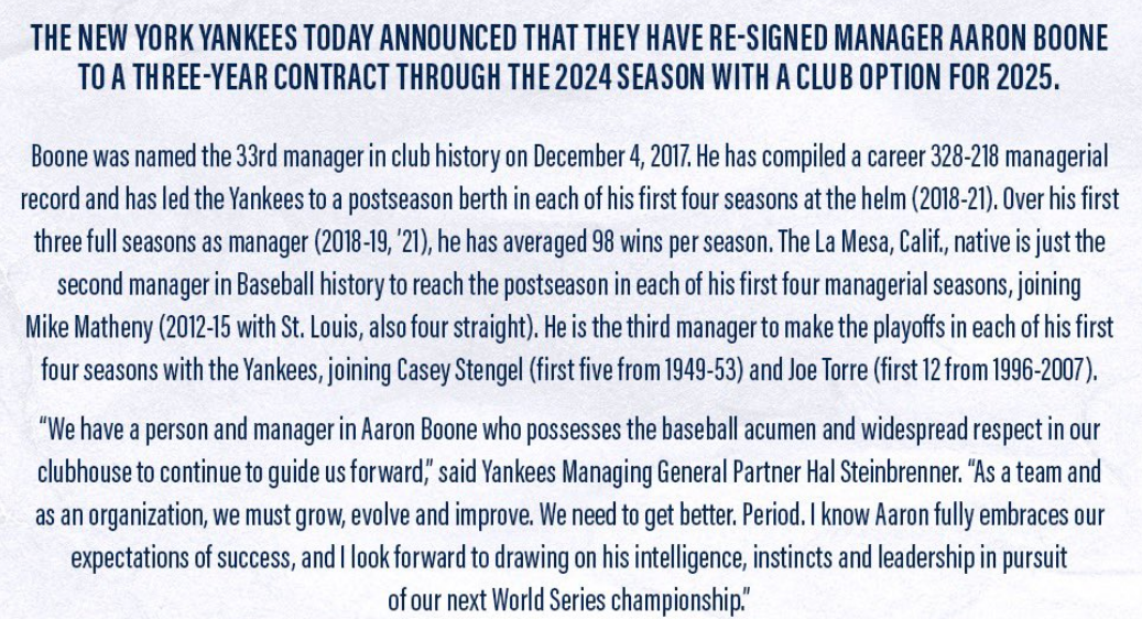 Hal Steinbrenner keeps the Yankee Country Club intact by bringing back Aaron Boone